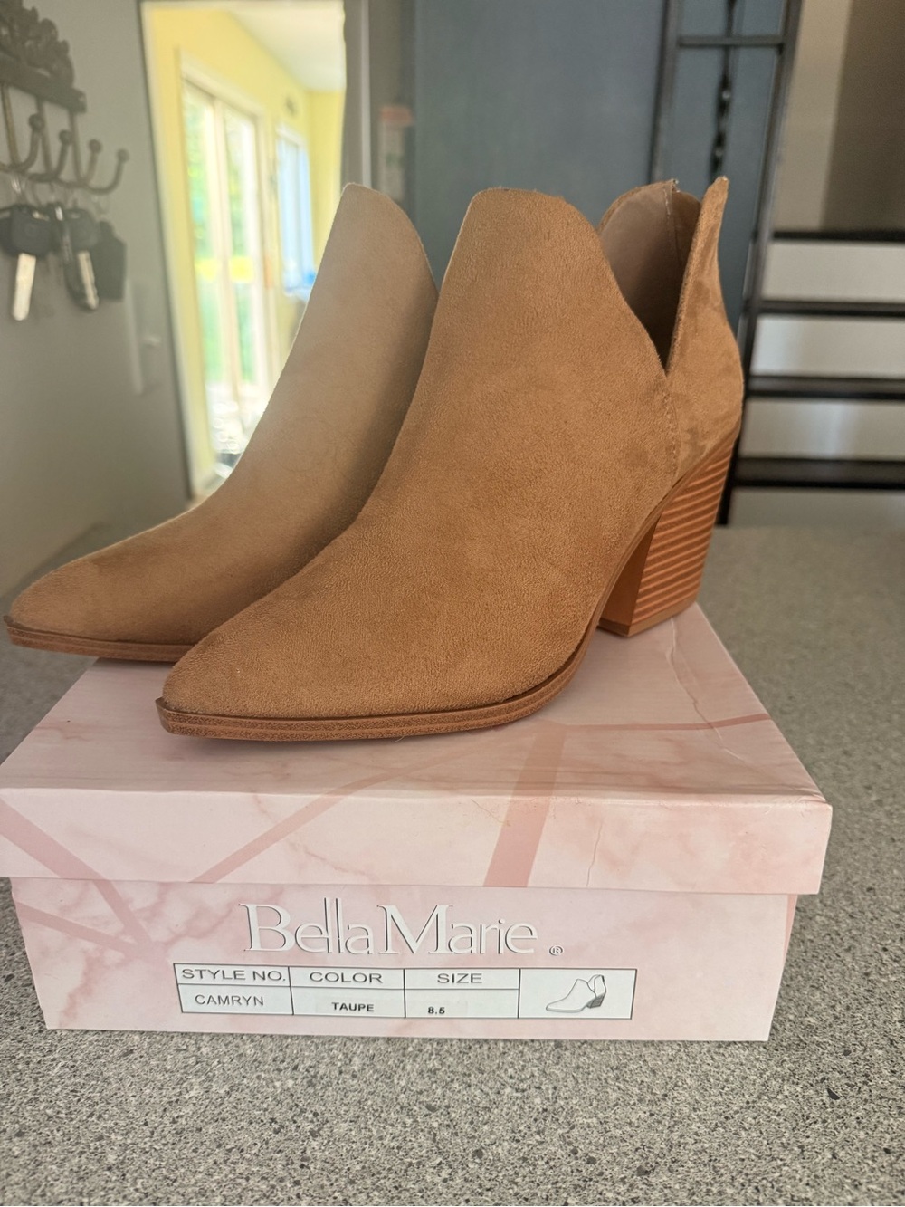 Bella Marie Taupe Suede Pointed Ankle Booties with 3” Stacked Heel